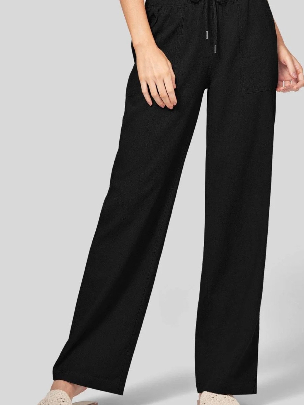 Willit Black Wide-Leg Linen Blend Drawstring Pants for Women Large